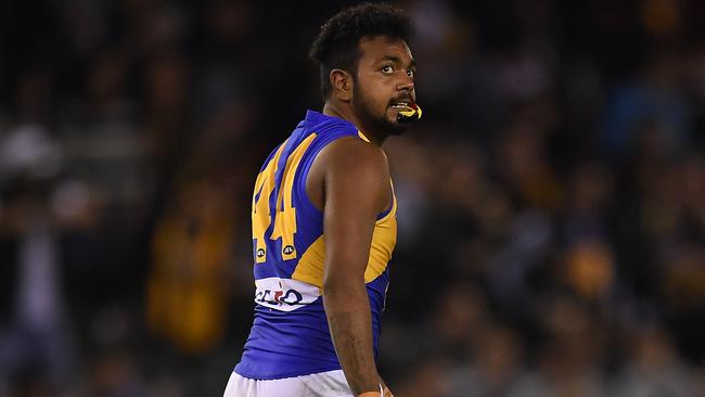 Willie Rioli of the Eagles is seen after the Round 10 AFL match between the Hawthorn Hawks and the West Coast Eagles at Etihad Stadium in Melbourne, Sunday, May 27, 2018. (AAP Image/Julian Smith) NO ARCHIVING, EDITORIAL USE ONLY