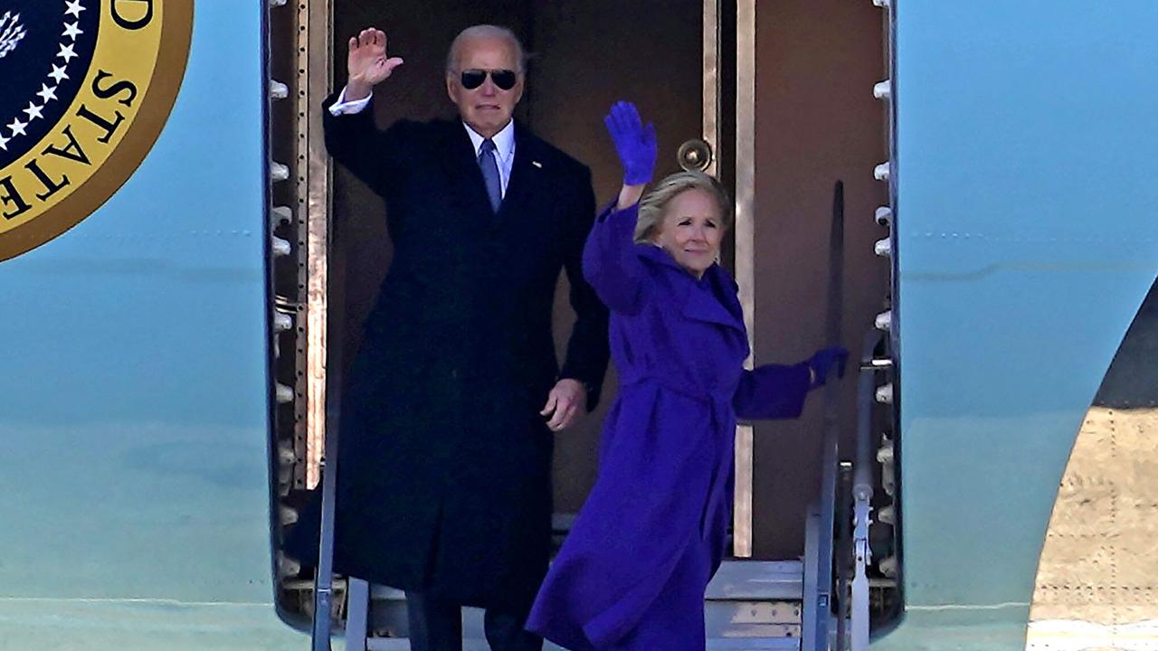 A metaphor for the entire party, perhaps: the Bidens waving goodbye after Mr Trump took power. Picture: Allison Robbert/AFP