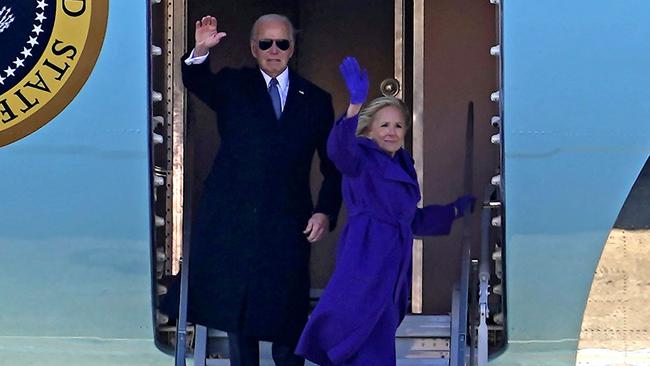 A metaphor for the entire party, perhaps: the Bidens waving goodbye after Mr Trump took power. Picture: Allison Robbert/AFP