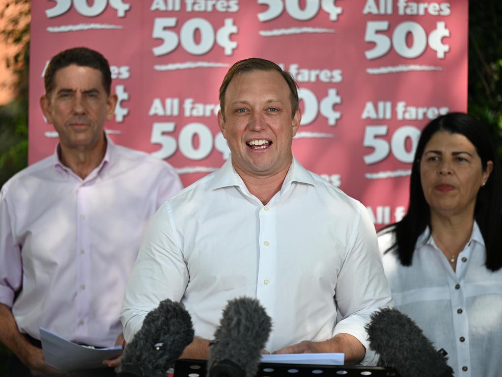 The Premier Steven Miles, along with Deputy Premier Cameron Dick and Grace Grace Member for McConnell. Picture: Lyndon Mechielsen