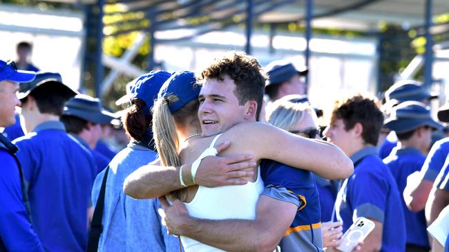 Churchie players celebrate a the win over TSS. First XV rugby union between home team Churchie and TSS. Saturday July 24, 2021. Picture, John Gass