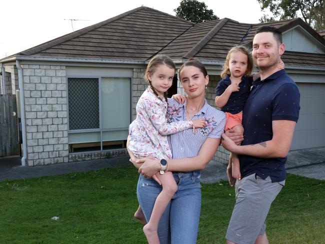 Alice Fisher and Jade Hyde with their kids Riley Hyde 5yrs and Thomas Hyde 2yrs, Jade and his family had assistance from their family in order to break into the competitive Brisbane property market, Goodna, on Wednesday 6th September 2023 - Photo Steve Pohlner