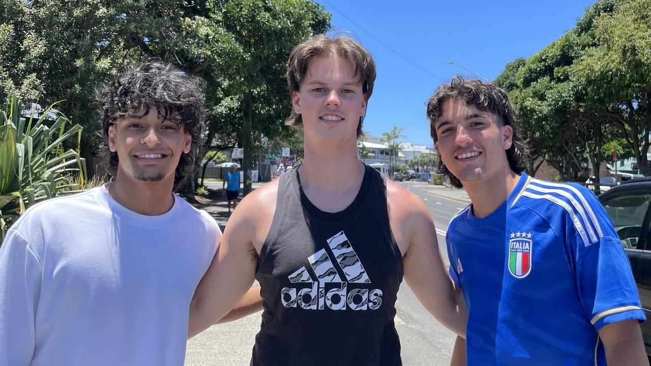 Cohen Jackson, 18, Patrick Cauch, 18, and Dom Marinelli, 18, at Byron Bay Schoolies celebrations. Picture: Sam Stolz