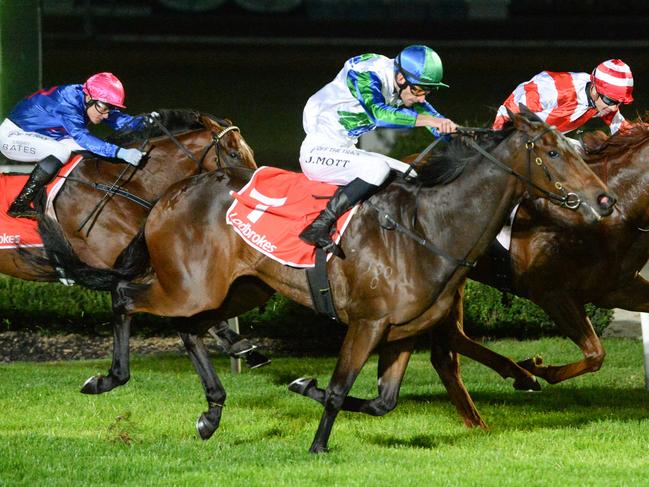 Knucklebones (NZ) ridden by Jamie Mott wins the Settlers Run Class 1 Handicap at Cranbourne Racecourse on April 19, 2024 in Cranbourne, Australia. (Photo by Ross Holburt/Racing Photos via Getty Images)