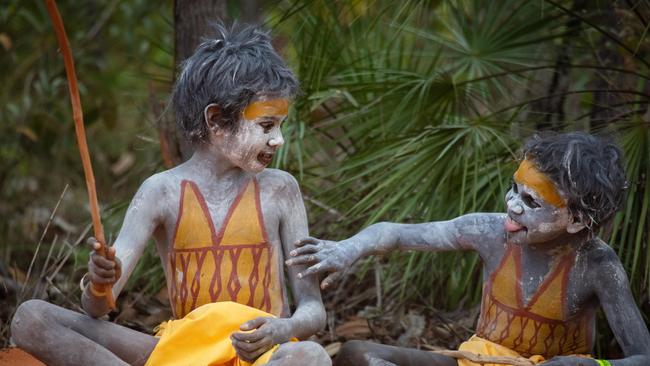 GARMA opening ceremony this evening. Gumatj clan dancers perform bunggul (ceremonial dance) for the PM Anthony Albanese, before presenting him with a Bathi. Picture: Melanie Faith Dove.