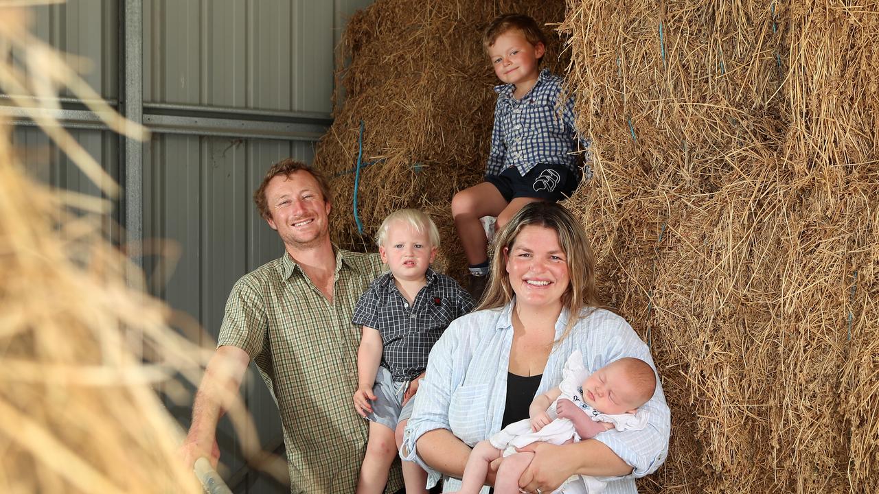 Ben and Michelle Walker, with their kids June, Murphy and Blue, at Mt Schank in South Australia.