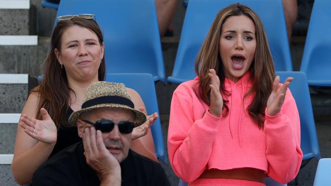 Bernard Tomic’s dad John Tomic and girlfriend Vanessa Sierra cheer him on at the 2021 Aussie Open.