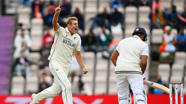 New Zealand’s Kyle Jamieson celebrates the wicket of Rohit Sharma during Day 2 of the ICC World Test Championship Final at The Hampshire Bowl in Southampton. Picture: Getty Images