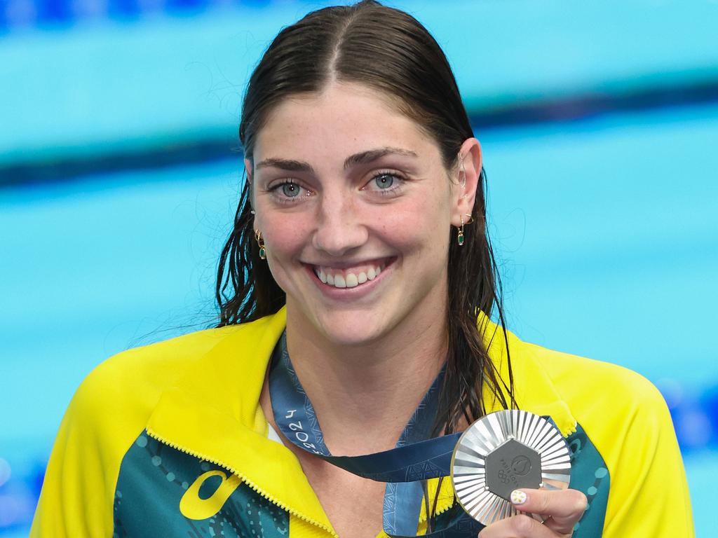 Meg Harris proudly displays her silver medal from the 50m final. Picture: Adam Head