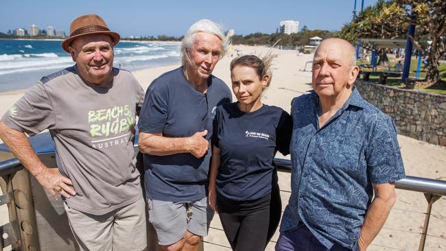 Mooloolaba Alliance and Beach Matters members Benny Pike, John Burke, Paula McGrath and Graeme Juniper at the spot where a sea wall is to be built starting in 2024, where a 200m section of Mooloolaba Beach will be closed during construction. Picture: Lachie Millard