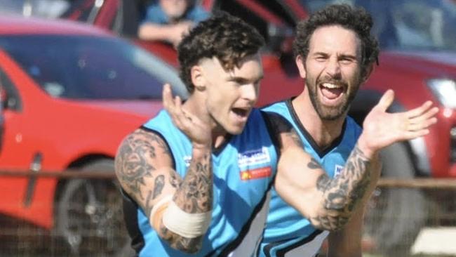 Southern Mallee Thunder's Brad Lowe and Jake Garvey celebrate a goal against Warrack Eagles earlier this season. Picture: Georgia Hallam