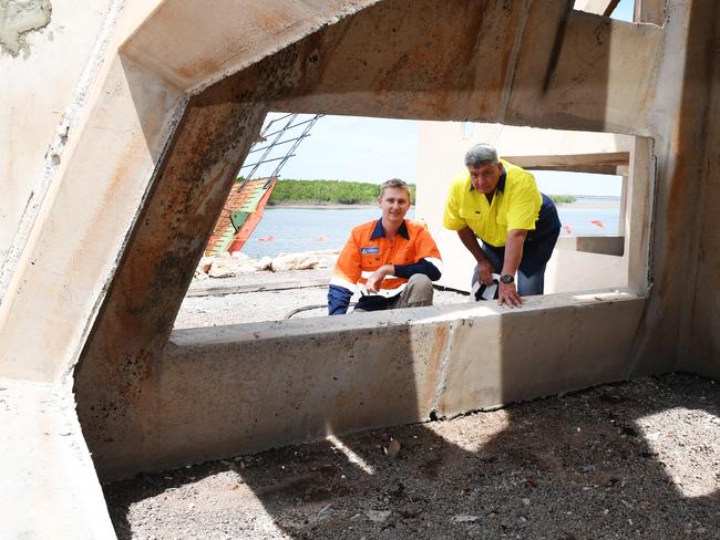 Minister for Primary Industry and Resources, Paul Kirby will provide an update on the construction of four artificial reefs which will further enhance the TerritoryÕs recreational industry. An $8.3 Million contract has been awarded to local company Shorelands NT Pty Ltd  Project manager Toby Roe with Graeme Benaim Pre cast manager.  Pic Katrina Bridgeford.
