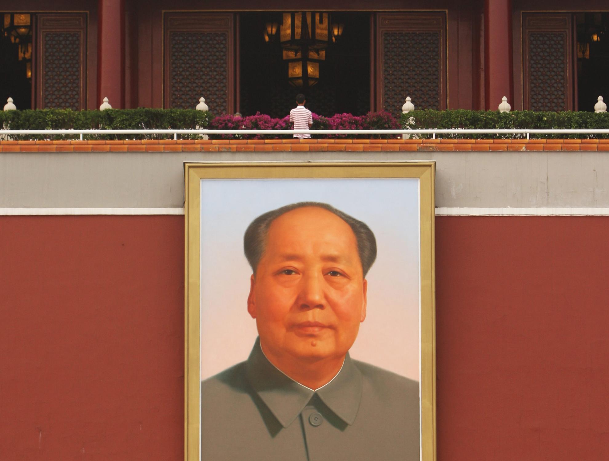 Beijing Olympics 2008. Sights and personalities around Tiananmen Square Beijing China. A portrait of former communist leader Chairman Mao Zedong at the Gate of Heavenly Peace opposite Tiananmen Square.