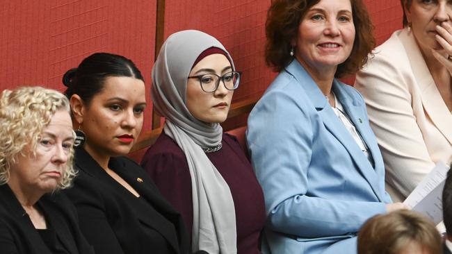 Senator Fatima Payman was surround by her colleagues during the swearing in of Australia’s new Governor-General on Monday. Picture: NewsWire