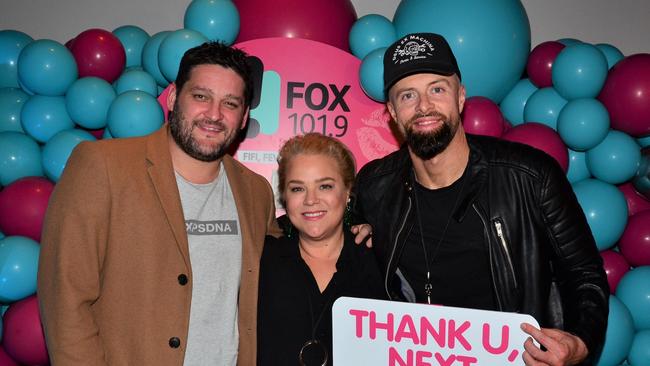 Brendan Fevola and radio colleague Byron Cooke in 2019. Picture: Fiona Byrne.