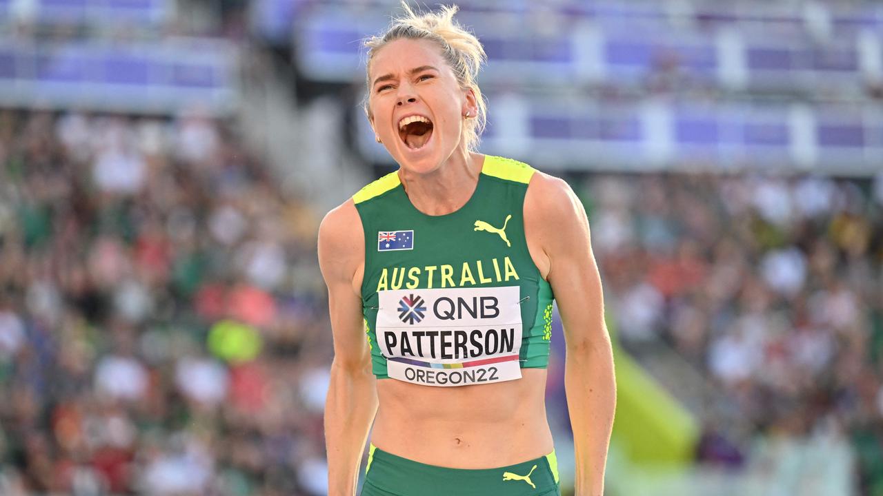 Australia's Eleanor Patterson roars after an impressive jump.