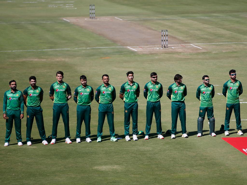 The Pakistan team sing the national anthem ahead of the first one-day international.