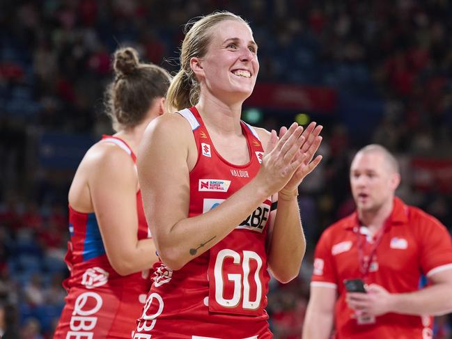 SYDNEY, AUSTRALIA - APRIL 21: Maddy Turner of the Swifts celebrates victory during the round two Super Netball match between NSW Swifts and Melbourne Mavericks at Ken Rosewall Arena, on April 21, 2024, in Sydney, Australia. (Photo by Brett Hemmings/Getty Images)