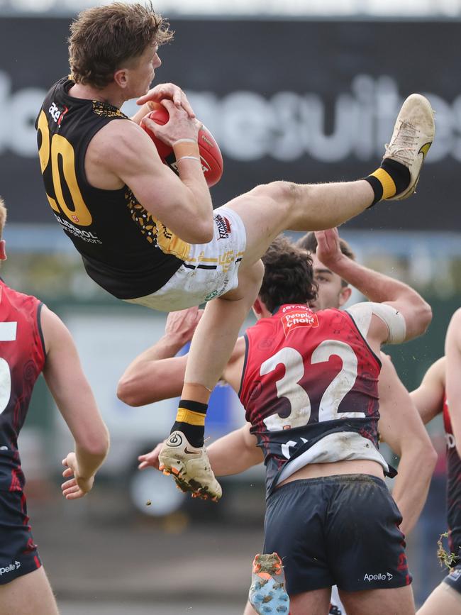 Lachie Hosie takes a screamer for Glenelg against Norwood at The Parade in Round 12. Picture: David Mariuz/SANFL