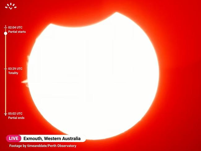 Perth Observatory’s footage of the total solar eclipse. Picture: timeanddate.com