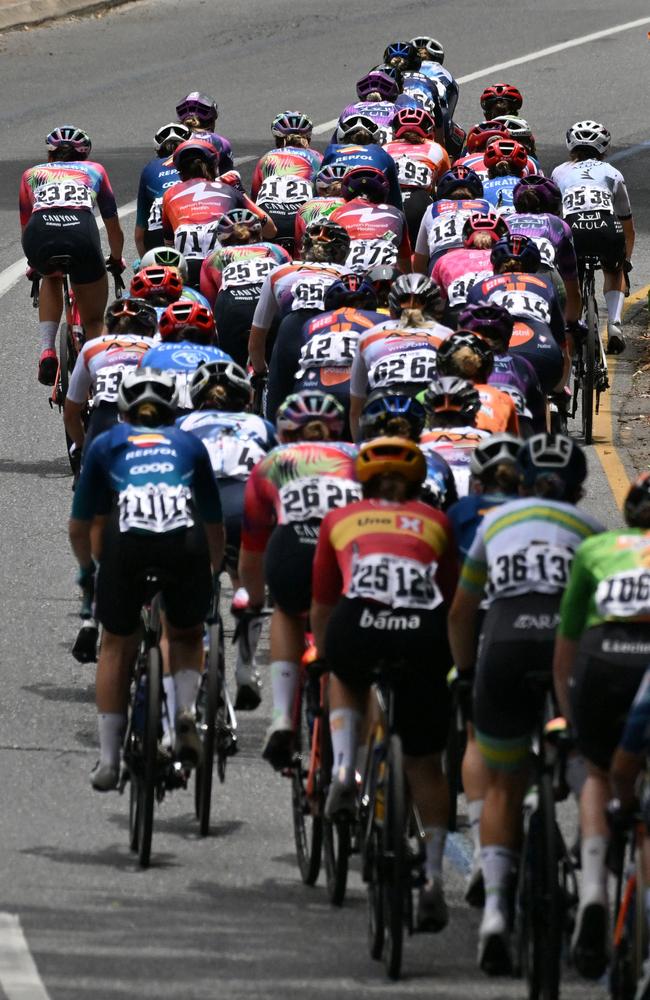 The peloton ride through the Adelaide Hills during stage 3 of the Tour Down Under cycling race in Adelaide on January 19, 2025. (Photo by Brenton Edwards / AFP)