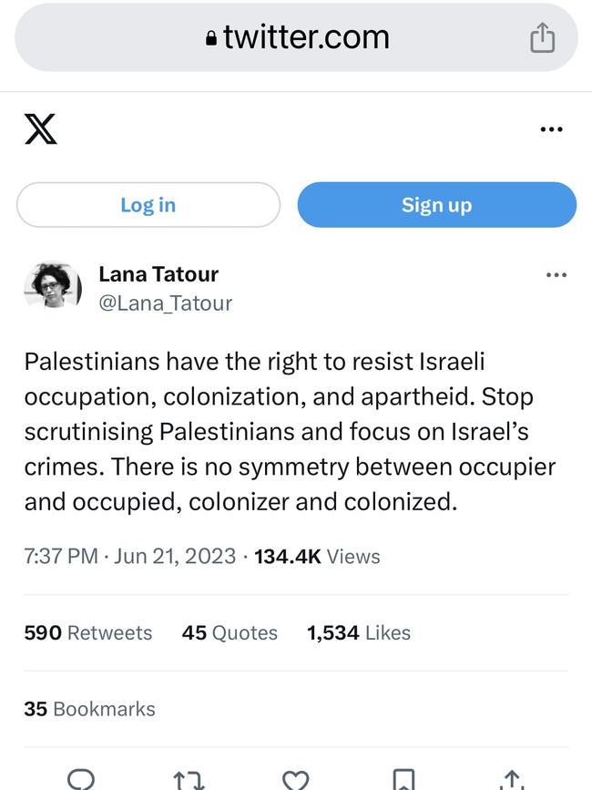 University of NSW lecturer Dr Lana Tatour’s tweet that triggered a complaint by the Australian Jewish Association, which was dismissed by UNSW.