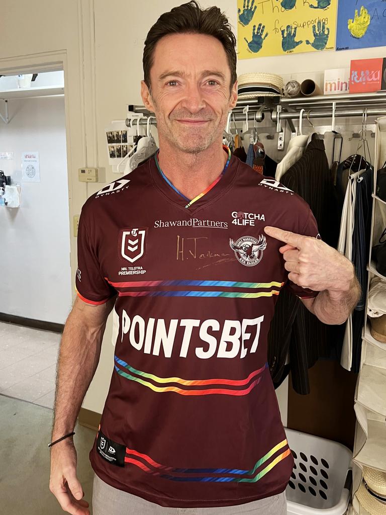 Hollywood actor Hugh Jackman was pictured in the Manly Sea Eagles Pride jersey, before the Manly playing group was told – causing a divide in the club. Picture: Supplied