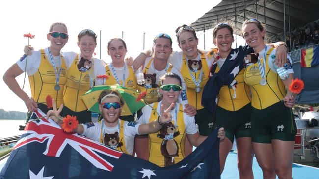 Jessica Morrison (far right) was part of the Women’s Eight who won silver at the 2019 World Rowing Championships in Austria. Picture: Rowing Australia