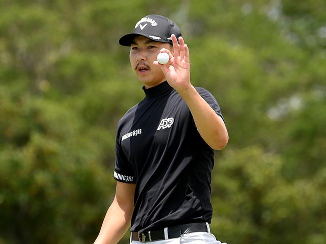 Min Woo Lee of acknowledges the crowd on the 9th hole after finishing his opening round of the 2023 Australian PGA Championship at Royal Queensland Golf Club. Picture: Getty Images