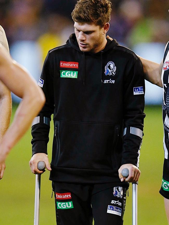 Taylor Adams was on crutches after injuring his hamstring. Picture: Michael Klein