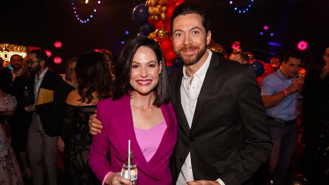 Natasha Exelby celebrating The Project’s 10th birthday party with James Mathison in 2019. Picture: Ch10