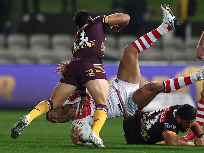 SYDNEY, AUSTRALIA – JUNE 03: Paul Vaughan of the Dragons is tackled by Alex Glenn of the Broncos during the round 13 NRL match between the St George Illawarra Dragons and the Brisbane Broncos at Netstrata Jubilee Stadium on June 03, 2021, in Sydney, Australia. (Photo by Cameron Spencer/Getty Images)