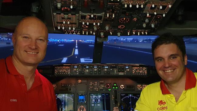 CAREERS: Virgin Australia pilots and Coles team members Danny Zilovic and Mitch Dean at Virgin Australia's Brisbane-based Boeing 737-800 flight simulator. Picture: Supplied