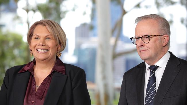 Anthony Albanese with former Greens senator Dorinda Cox, announcing her defection to Labor. Picture: Philip Gostelow/NewsWire