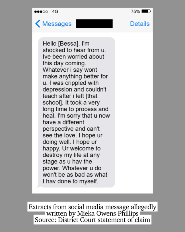 A digital rendering of a social media message allegedly sent by Ms Owens-Phillips. Source: District Court documents