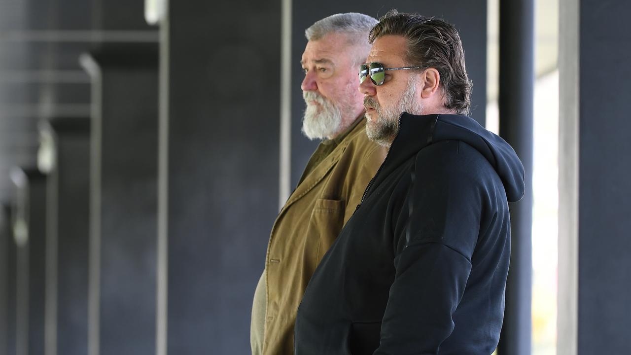 Club co-owner Russell Crowe and general manager of football Shane Richardson watch on during a South Sydney Rabbitohs training session. Picture: AAP Image/Joel Carrett