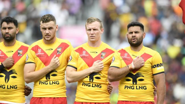 (L-R) Alex Johnston, North Queensland Cowboys player Zac Laybutt with brother Kyle Laybutt of the Townsville Blackhawks and Rhyse Martin for Papua New Guinea during the 2023 Pacific Championship. Picture: NRL Imagery