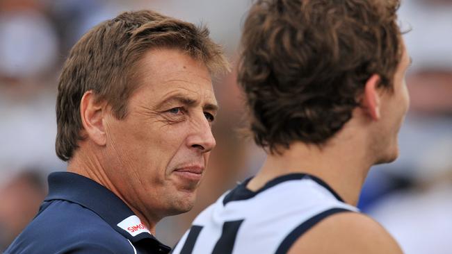 Mark ‘Bomber’ Thompson, as coach of Geelong, back in 2010 with Joel Selwood.