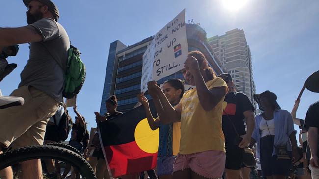 People marching at Darwin's Black Lives Matter rally on June 13, 2020. Picture: Madura McCormack/ NT News