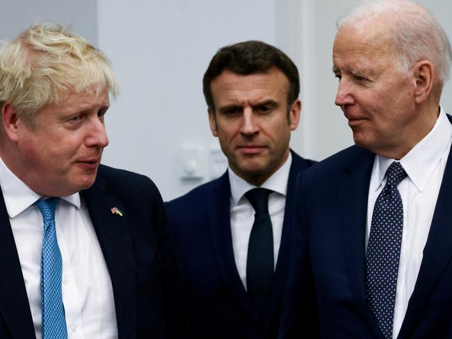 British Prime Minister Boris Johnson, France's President Emmanuel Macron and US President Joe Biden during a NATO summit on Russia's invasion of Ukraine in Brussels, Belgium. Picture: Getty Images