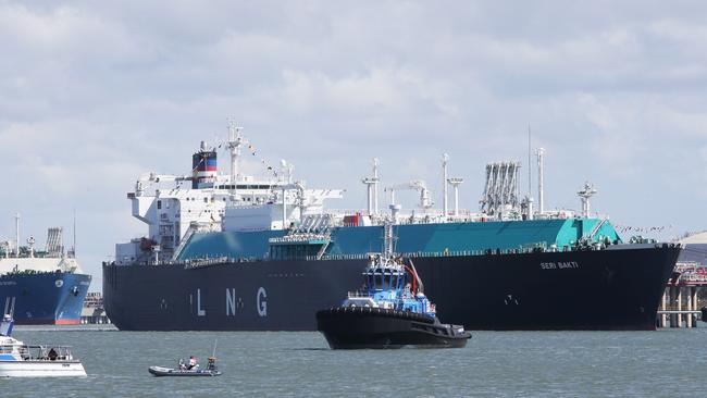 A ship leaves Santos' Gladstone LNG project on Curtis Island. Picture: Steve Pohlner