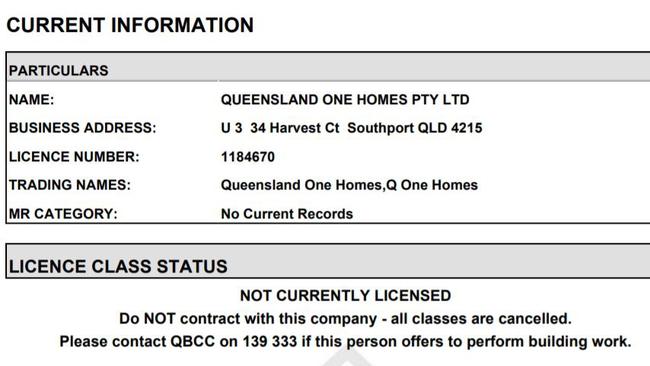 The QBCC has cancelled the licence of Paul Callender's collapsed company Queensland One Homes. Photo: Supplied