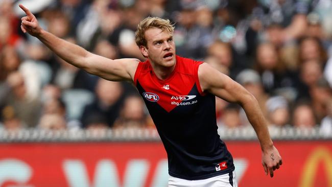 Jack Watts of the Demons celebrates during the round 23 loss to Collingwood.