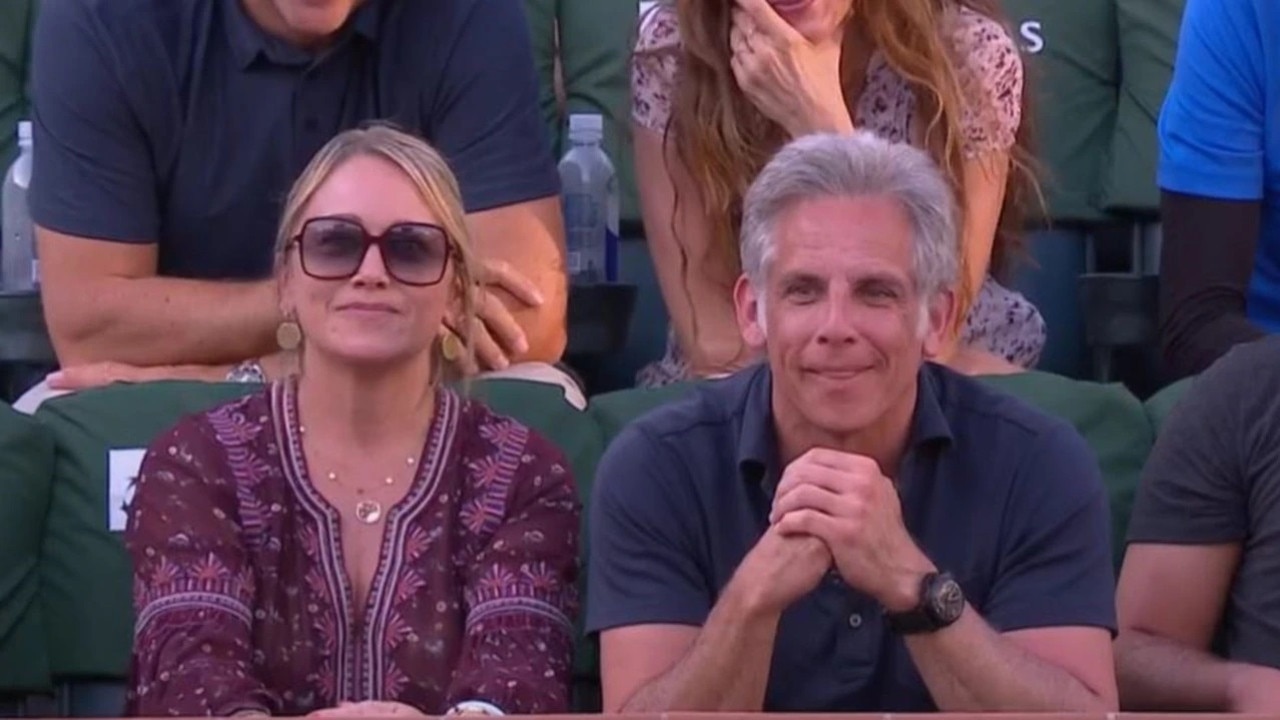 Ben Stiller and Christine Taylor watching Nick Kyrgios at the 2022 Indian Wells tournament.