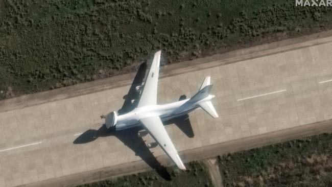 Maxar Technologies satellite imagery shows an Antonov An-124 heavy transport aircraft preparing to load equipment at the Russian Hmeimim Air Base. Picture: Maxar via AFP.