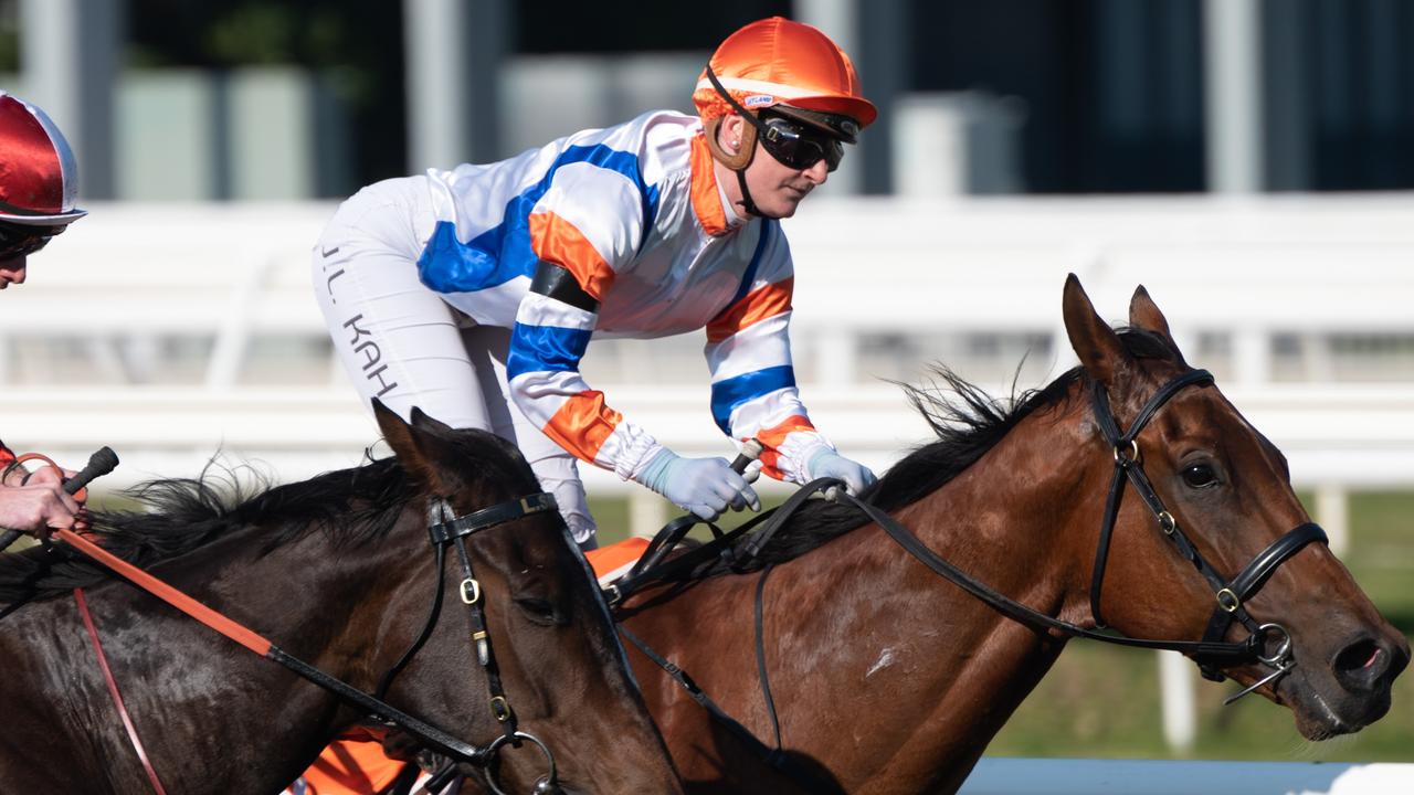 Jamie Kah winning her 100th race. Picture: Tony Gough