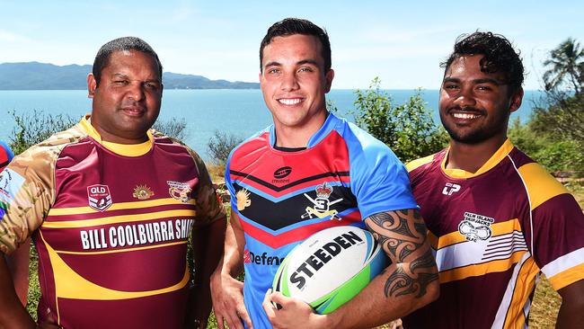 Members of 3rd Brigade Rugby League team and Palm Island Skipjacks LR Fredrick Bulsey, Private Phillip Paschalidis and Kelvin Castors will be playing for the Bill Coolburra Shield this weekend. Picture: Zak Simmonds