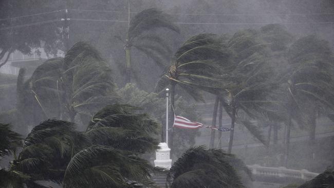 An American flag is torn as Hurricane Irma passes through Naples. Picture: AP