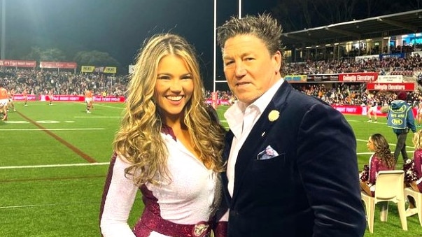 Spud Carroll pictured with Manly cheerleaders. Photo: Instagram and Manly Sea Birds.