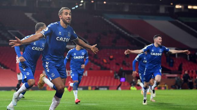 Everton's English striker Dominic Calvert-Lewin celebrates scoring his team's third goal against Manchester United. Picture: AFP